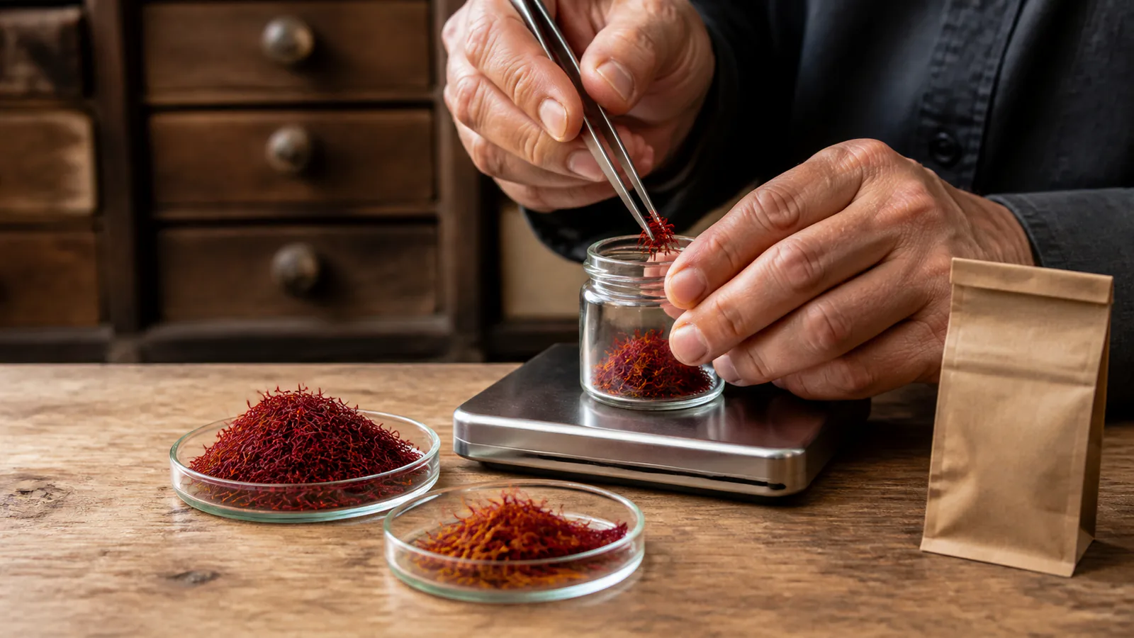 Merchant weighing red saffron threads into a clear jar on a precision scale