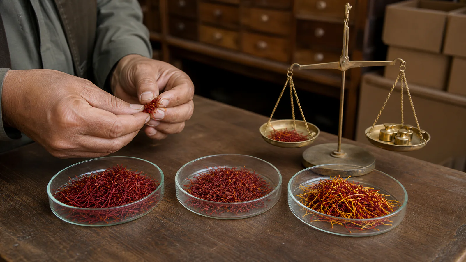 Merchant comparing three saffron lots beside a brass balance scale