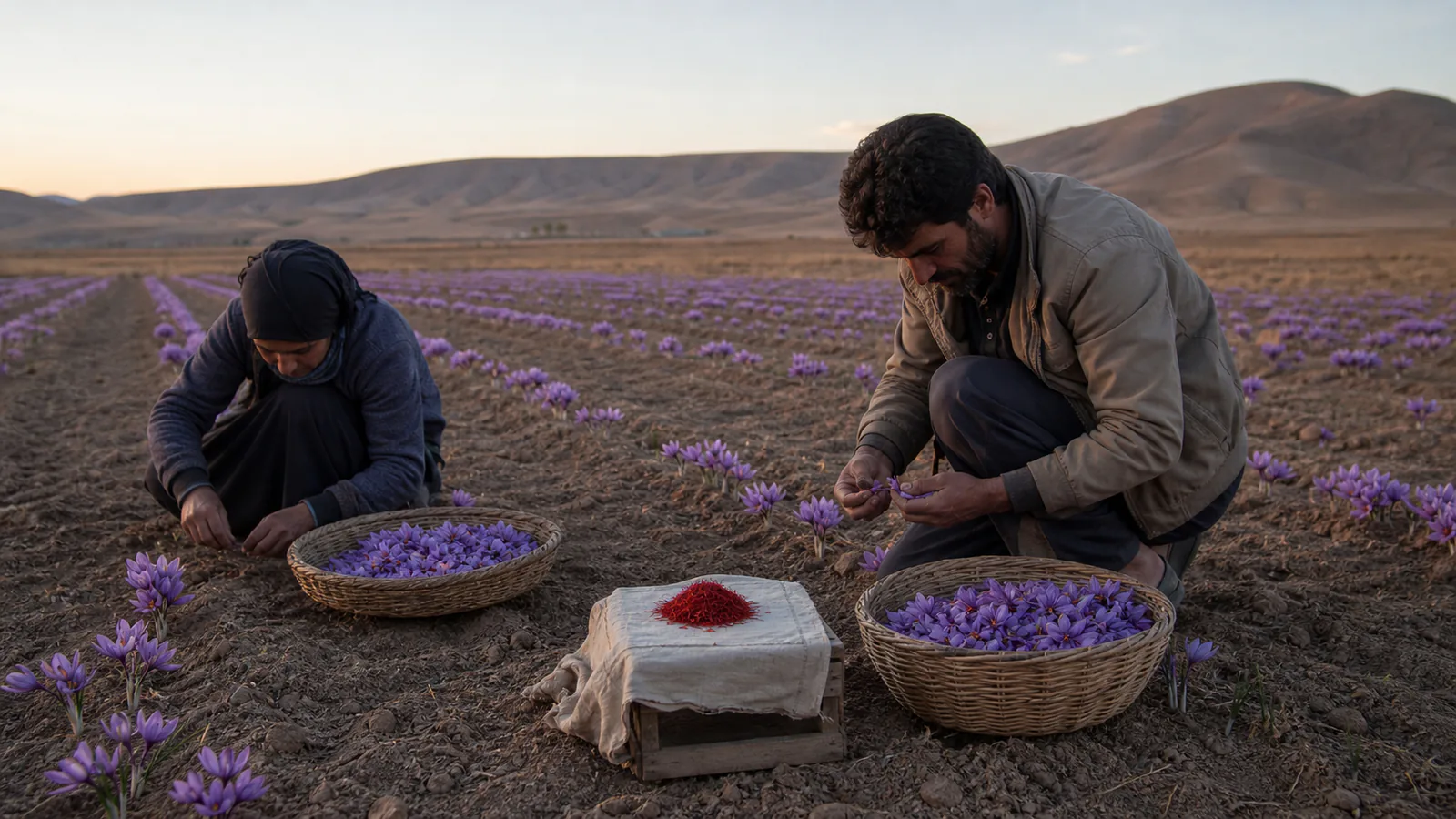 Two farmers harvesting purple saffron flowers in rows across an arid field