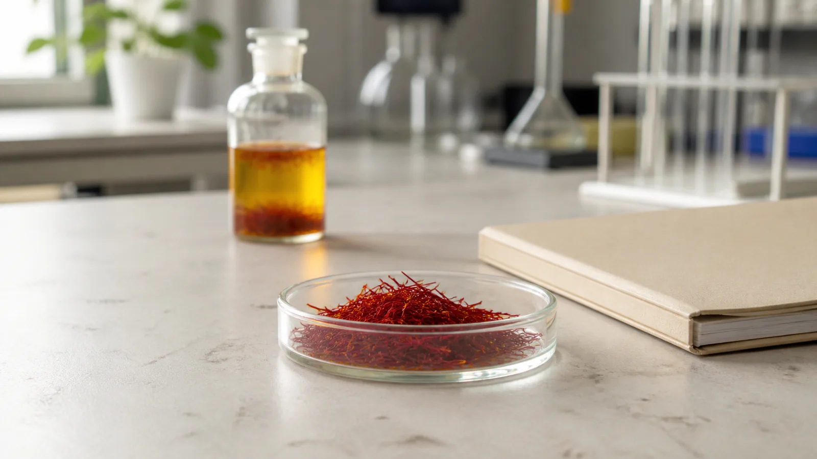 Saffron threads in a laboratory sample dish beside a research notebook