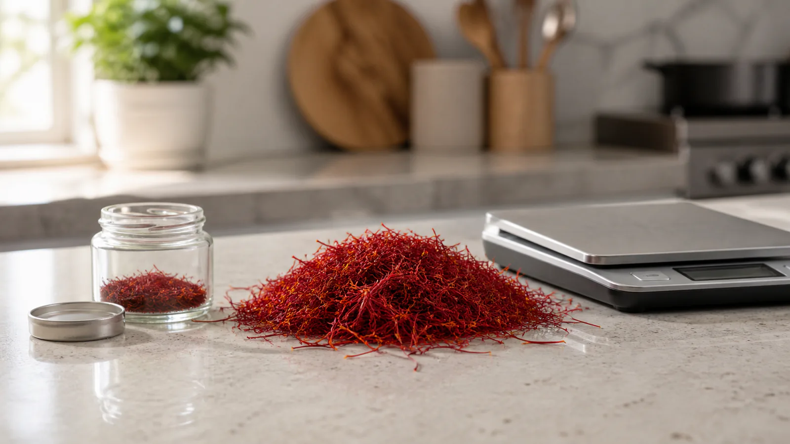 Open saffron jar and a large pile of threads beside a kitchen scale
