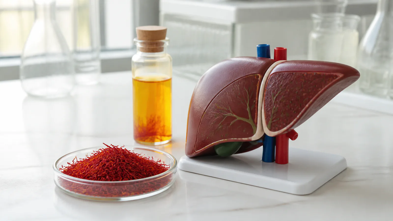 Saffron threads beside an anatomical liver teaching model in a laboratory