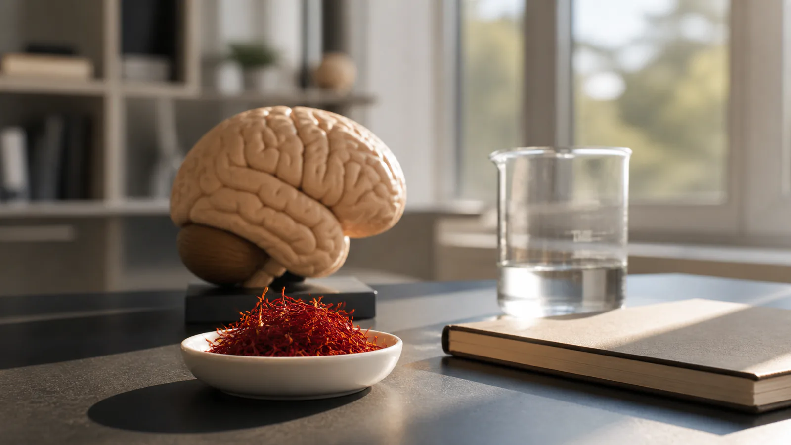 Saffron threads beside an anatomical brain teaching model