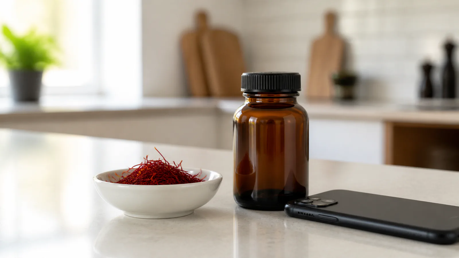 Saffron threads beside a closed supplement bottle and phone