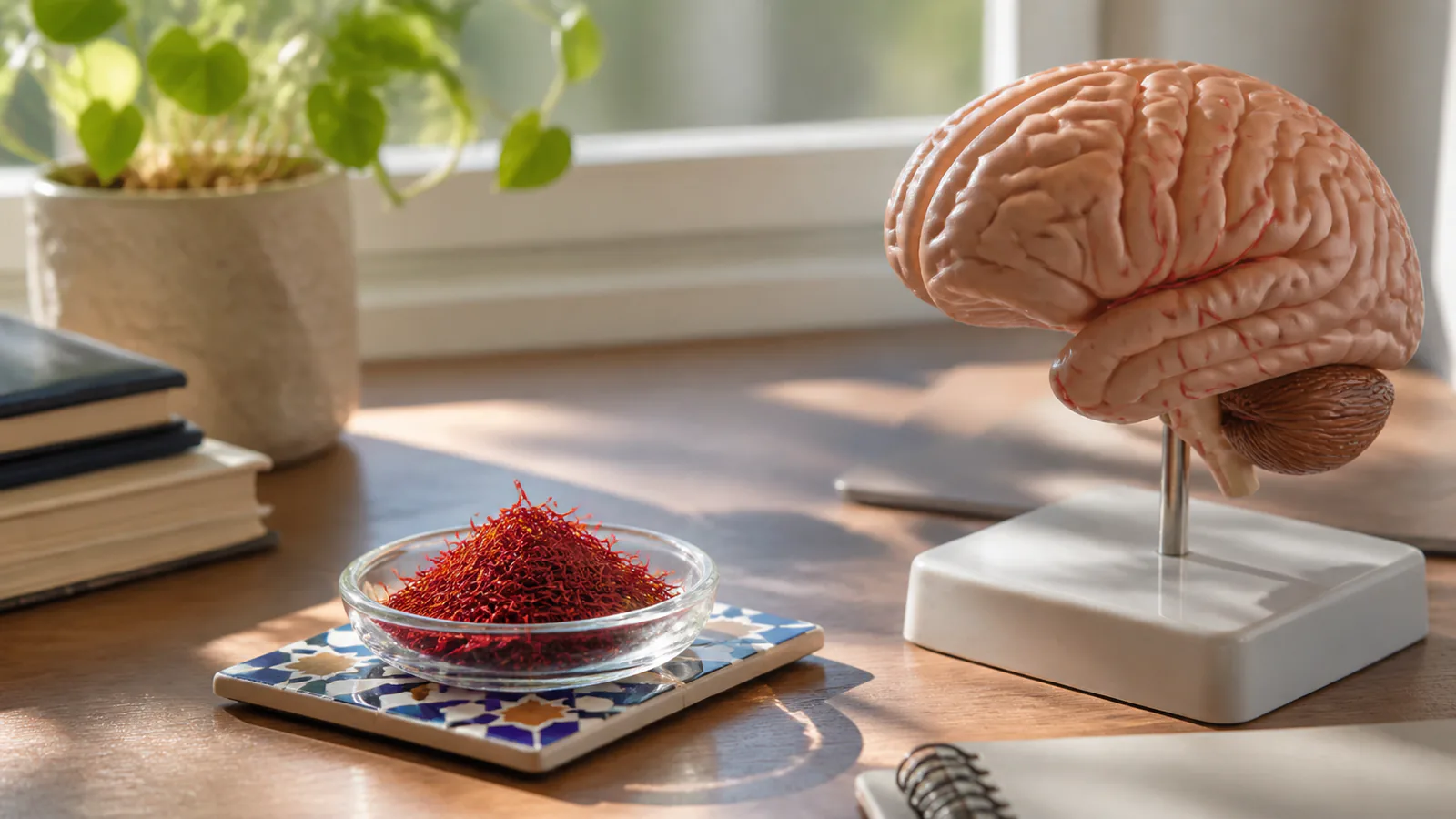Iranian saffron threads beside an anatomical brain teaching model
