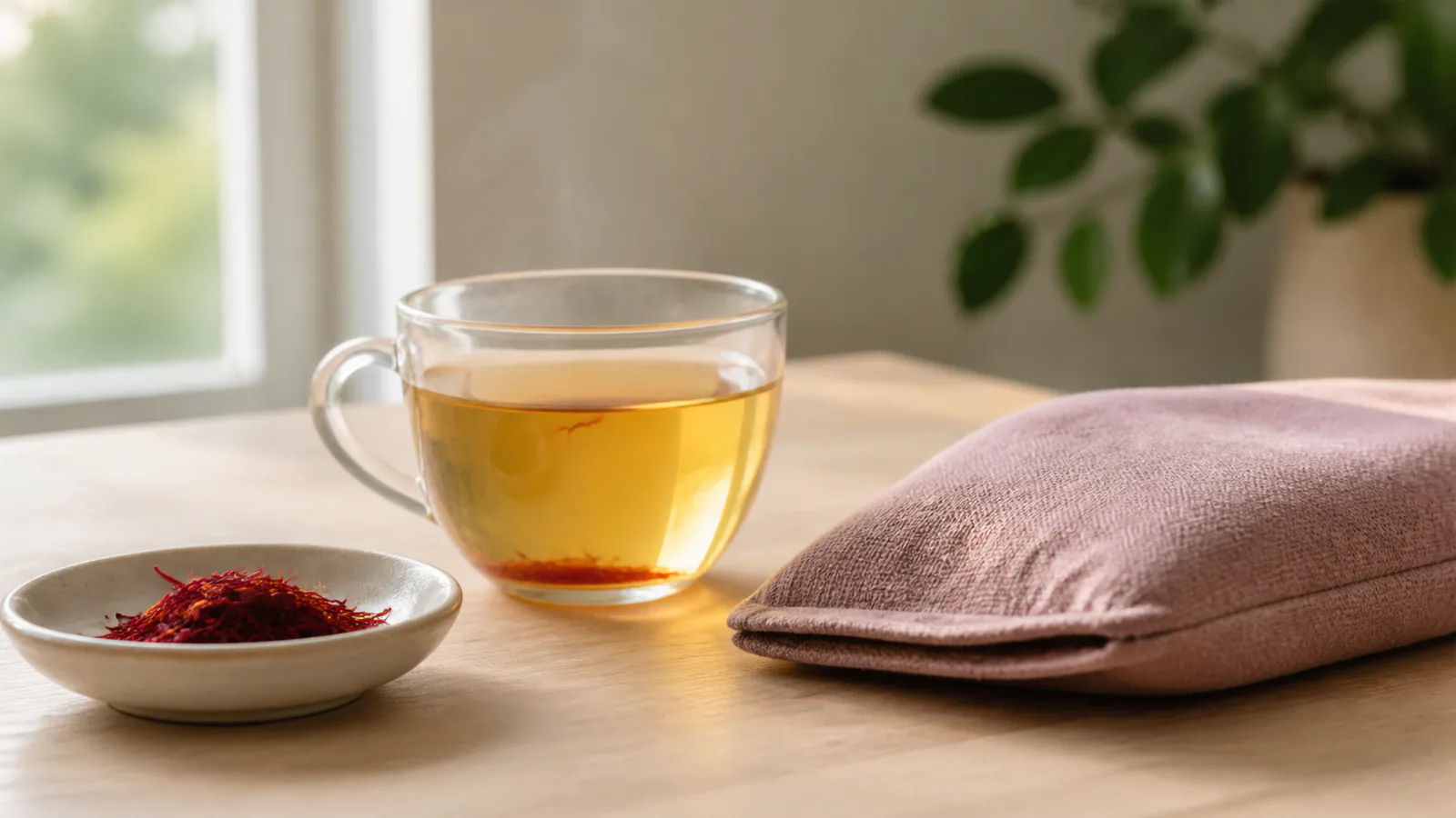 Saffron infusion and threads beside a reusable heat pad