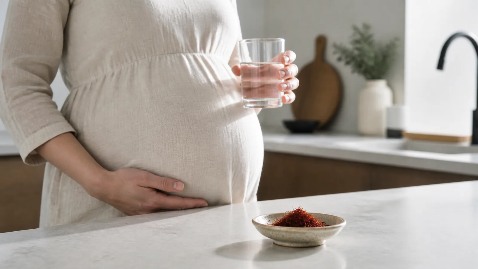 Pregnant adult in a kitchen with saffron threads on the counter