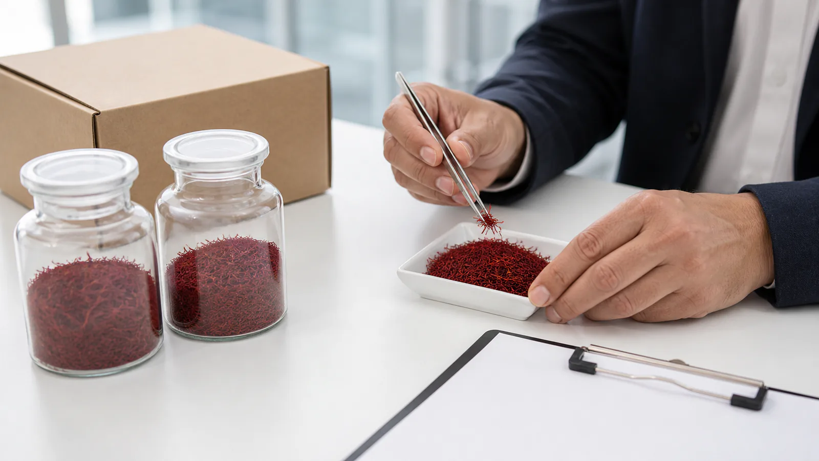 Buyer inspecting saffron threads beside sealed batch jars