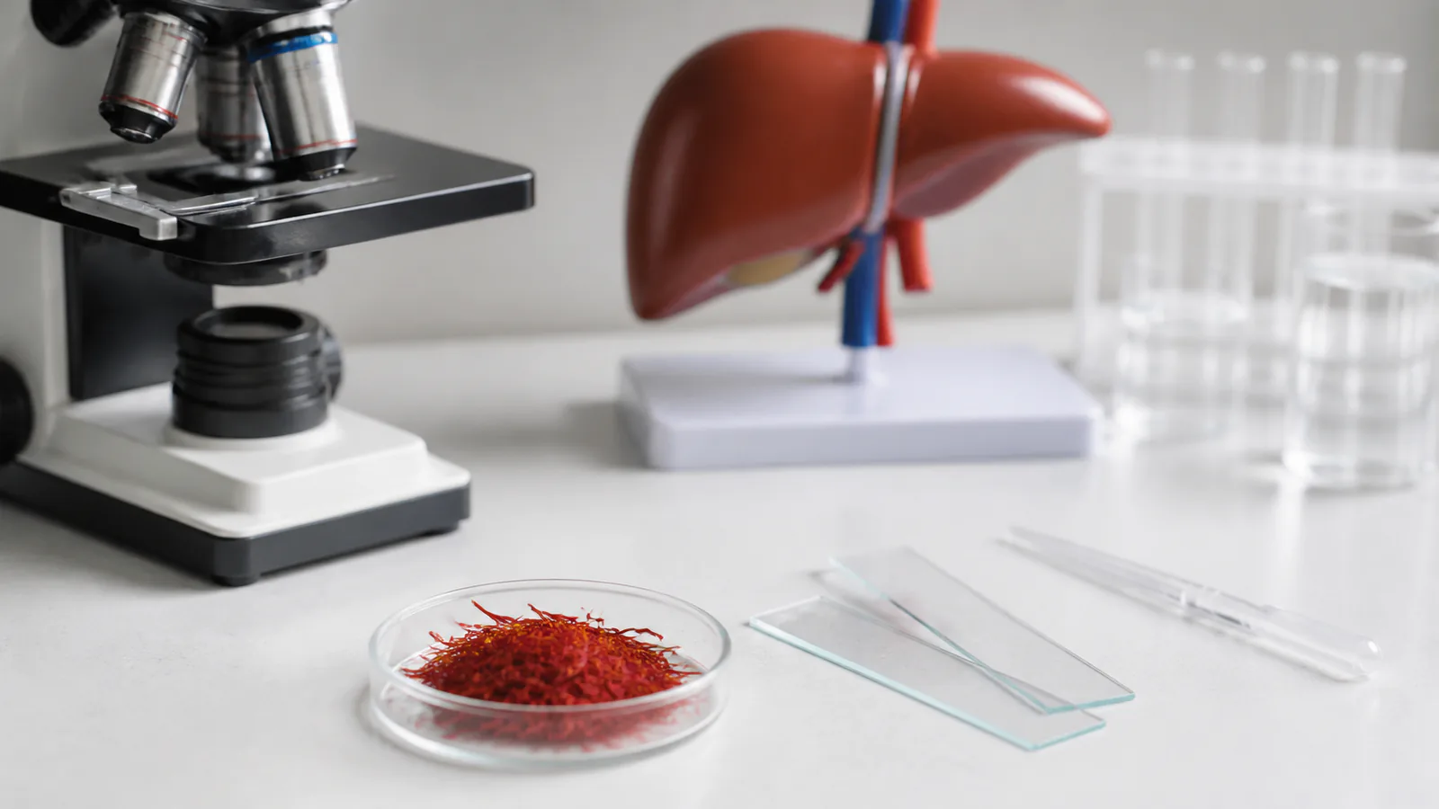 Saffron sample beside microscope slides and a liver teaching model