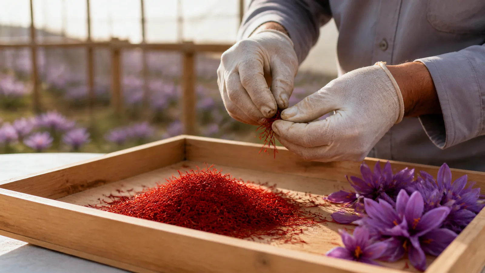 Organic saffron threads being inspected by hand after harvest