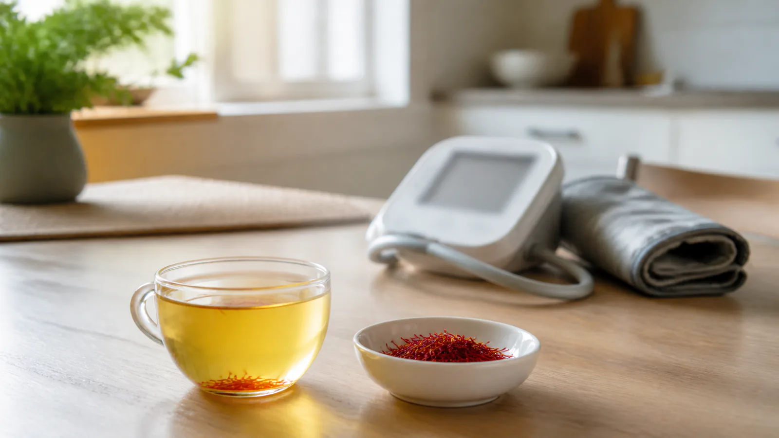 Saffron tea beside a home blood pressure monitor