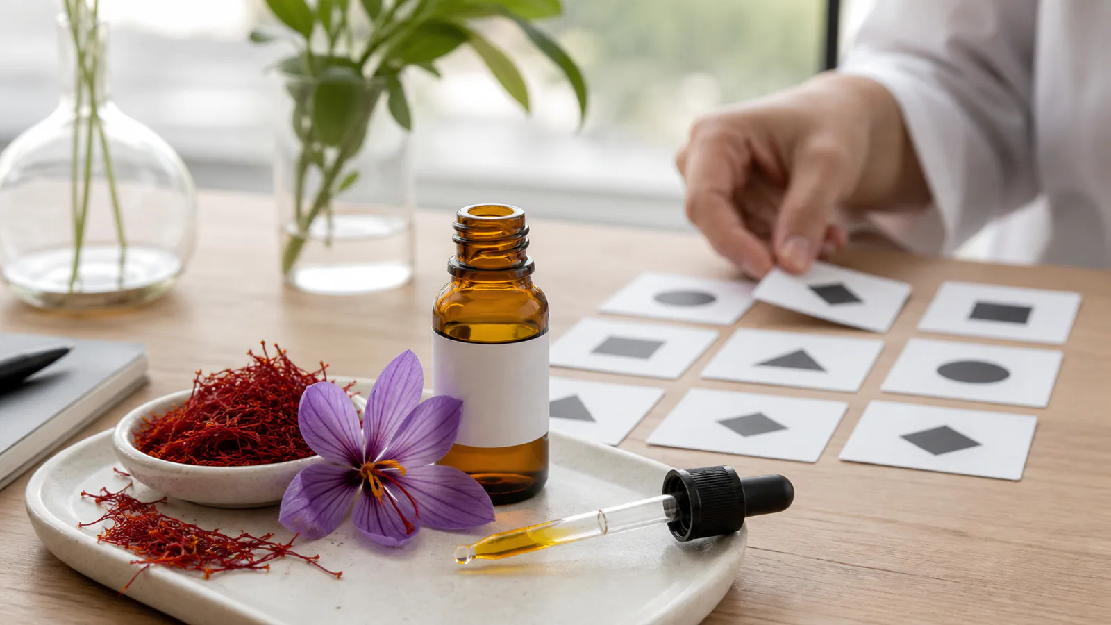 Saffron extract research materials beside memory test cards