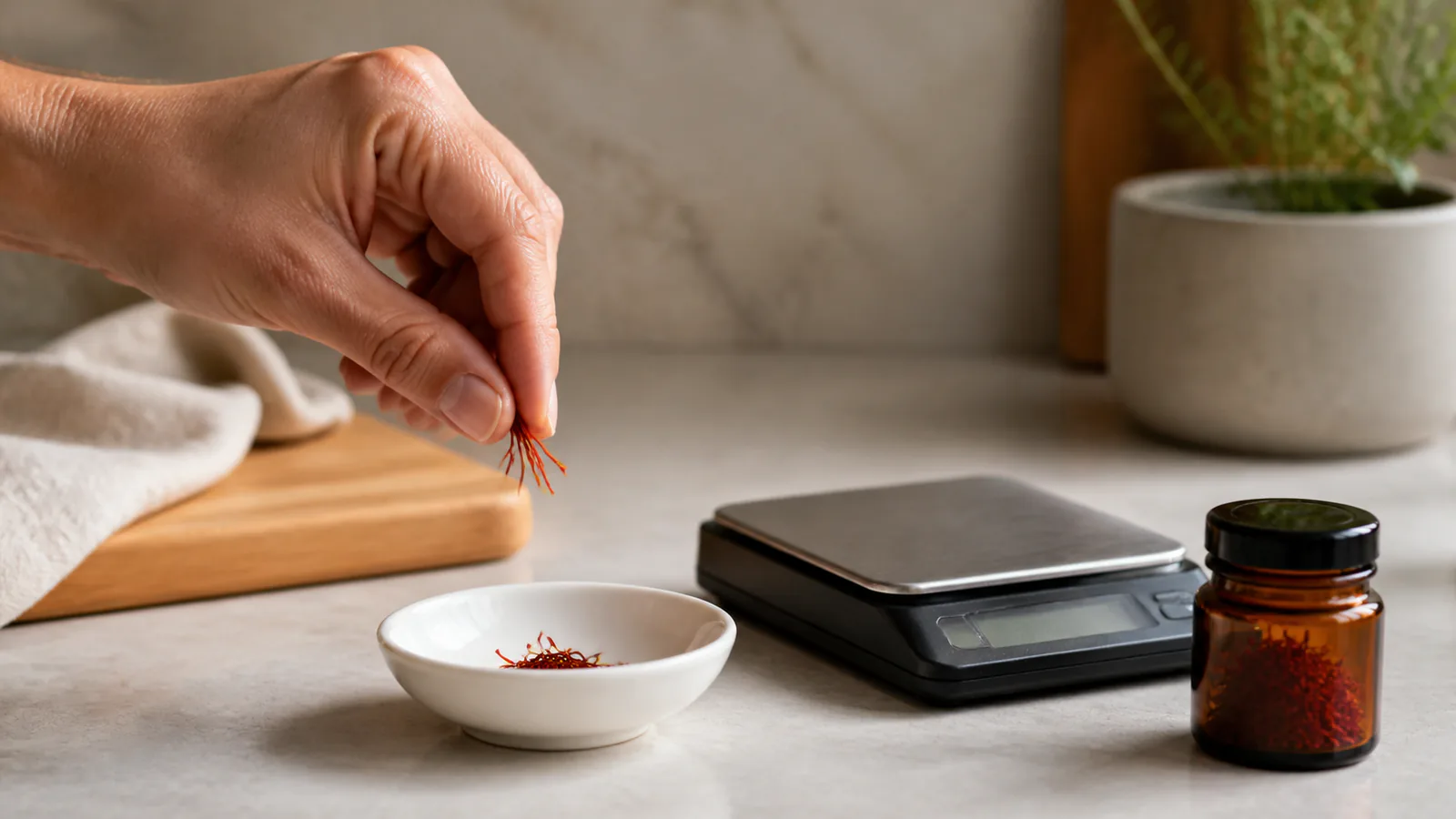 Small measured portion of saffron beside a kitchen scale