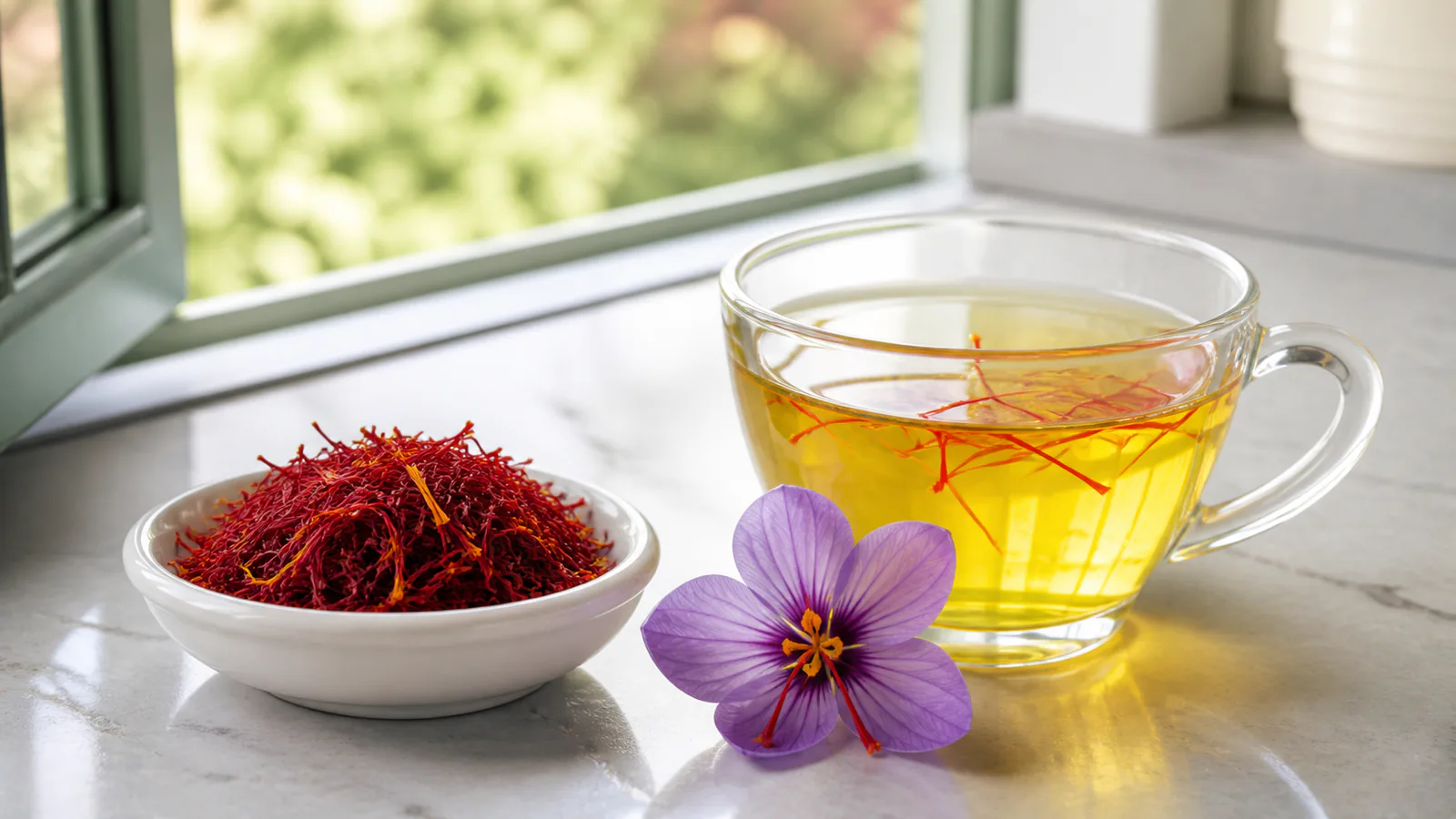 Poushali saffron threads and warm saffron infusion near an open window