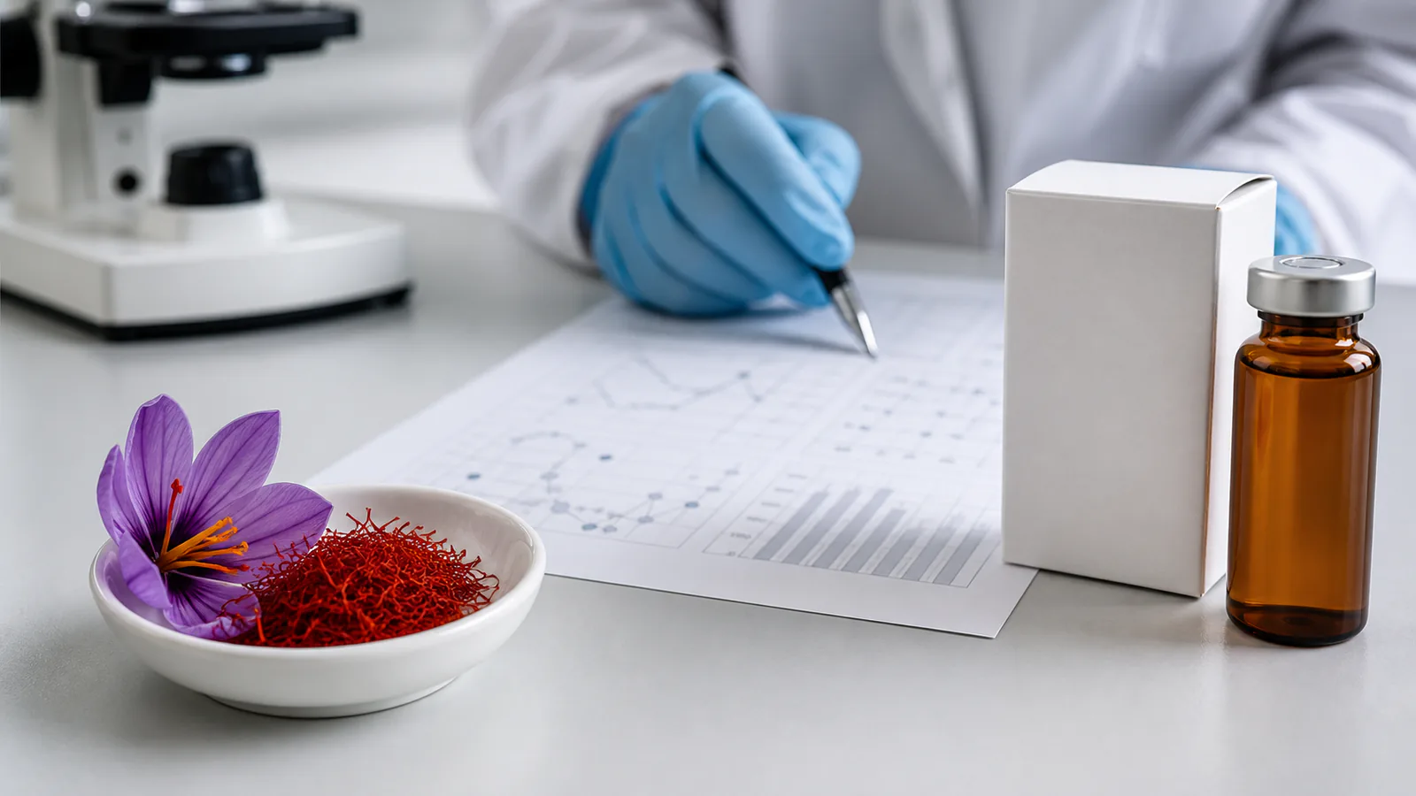 Saffron threads beside laboratory research notes and medicine packaging