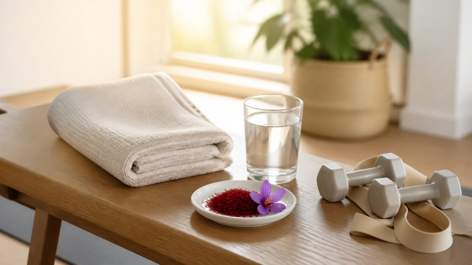 Saffron threads beside recovery towel and light exercise equipment