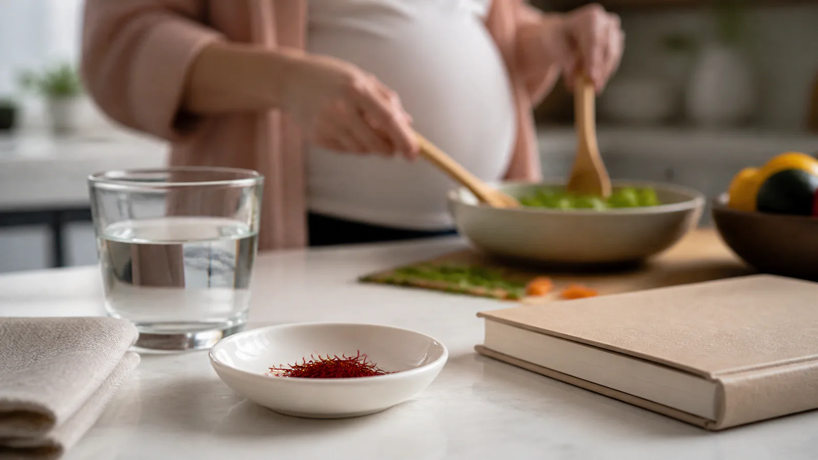 A small culinary amount of saffron beside a pregnancy nutrition notebook