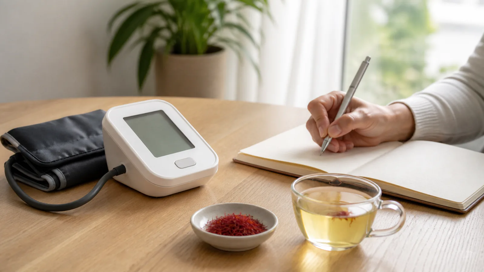 Saffron threads beside a home blood pressure monitor