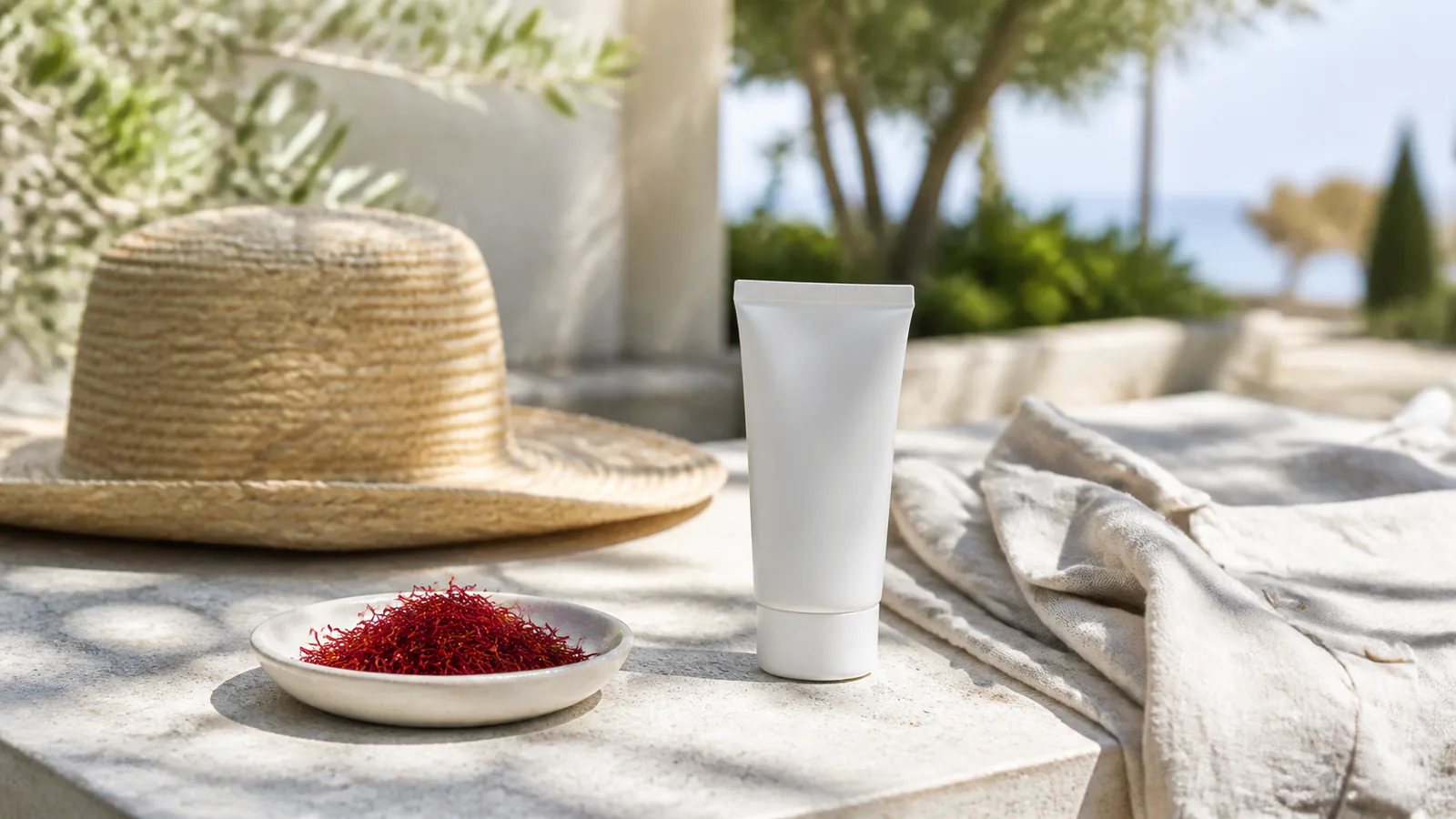Saffron threads beside broad-spectrum sunscreen and a sun hat