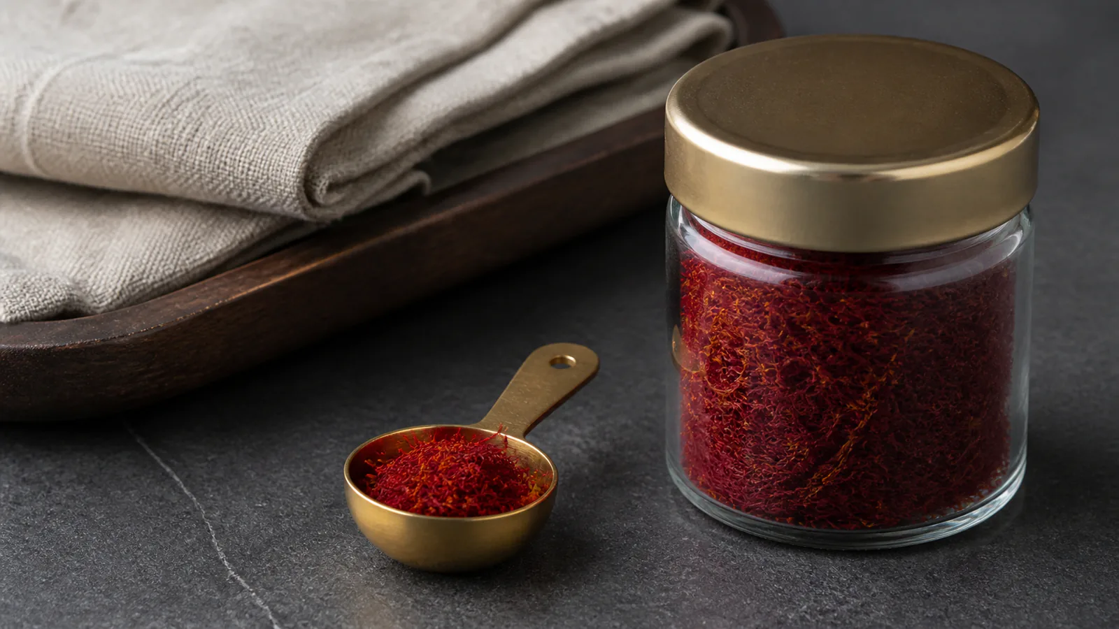 A small measured portion of saffron beside a sealed storage jar