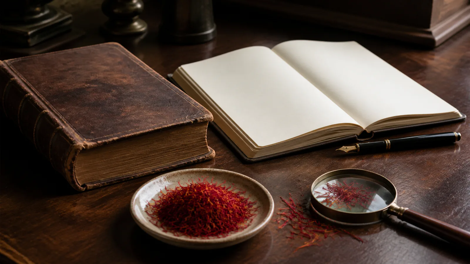 Saffron threads beside an old medical book and modern research notes