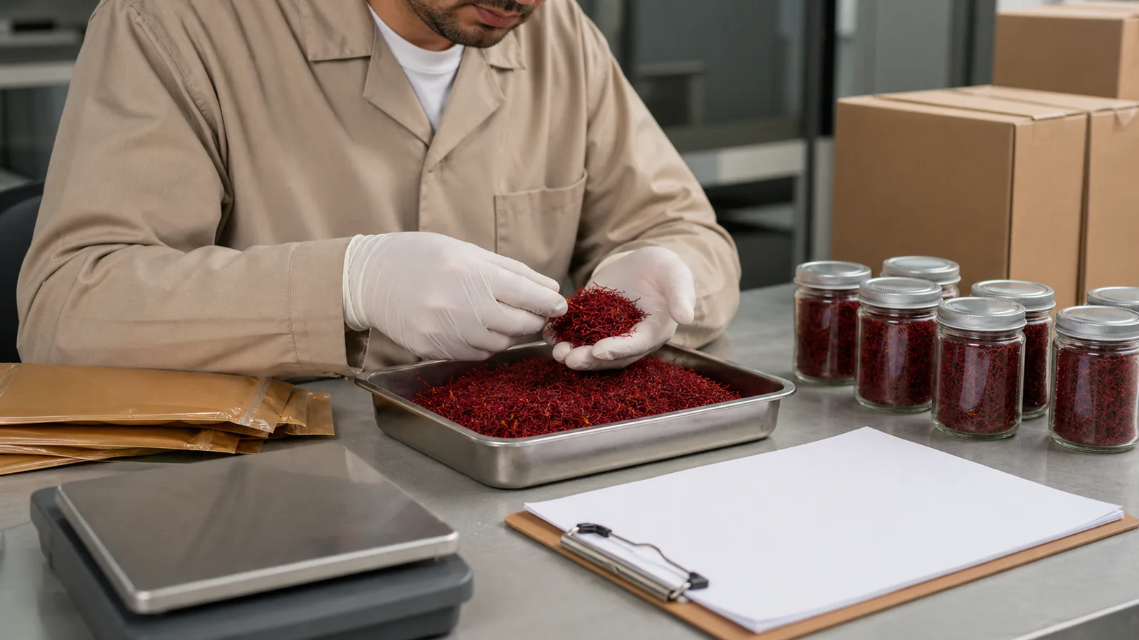 Iranian saffron prepared for international export and quality inspection