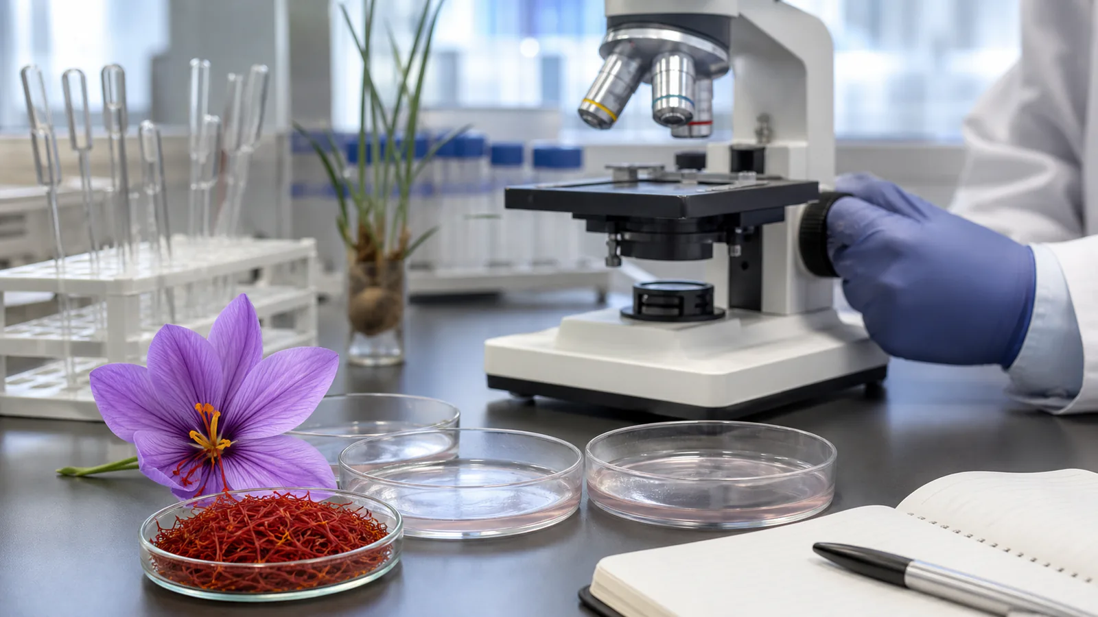 Saffron flower and threads beside a cancer research microscope
