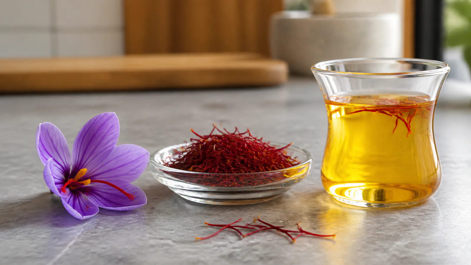 Deep red saffron threads beside golden saffron infusion