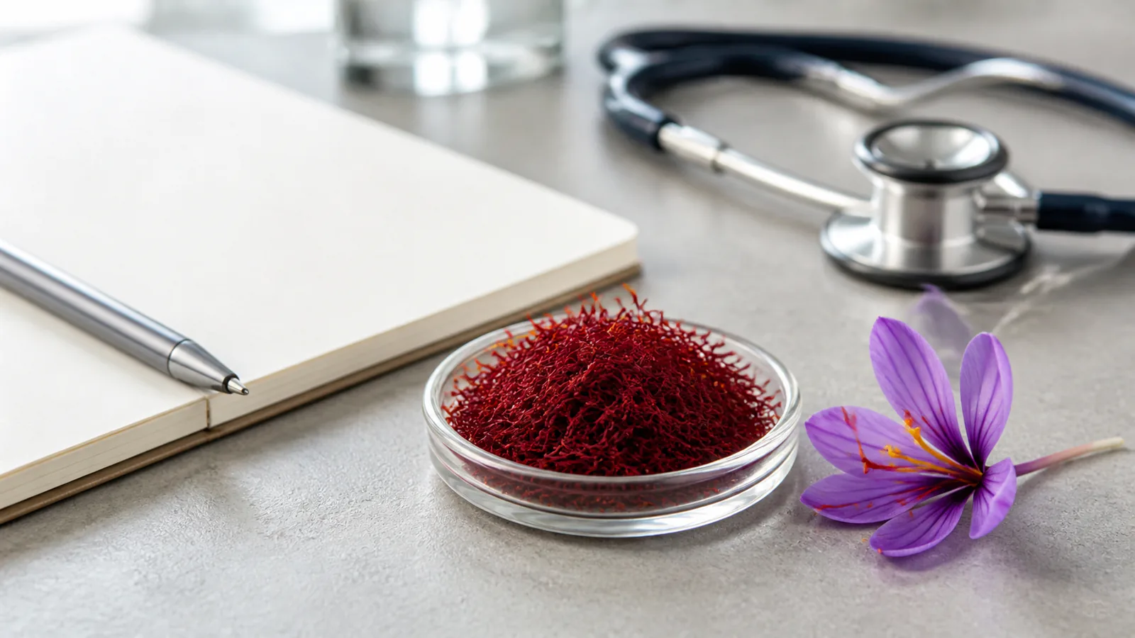 Organic Iranian saffron threads beside a clinical research notebook