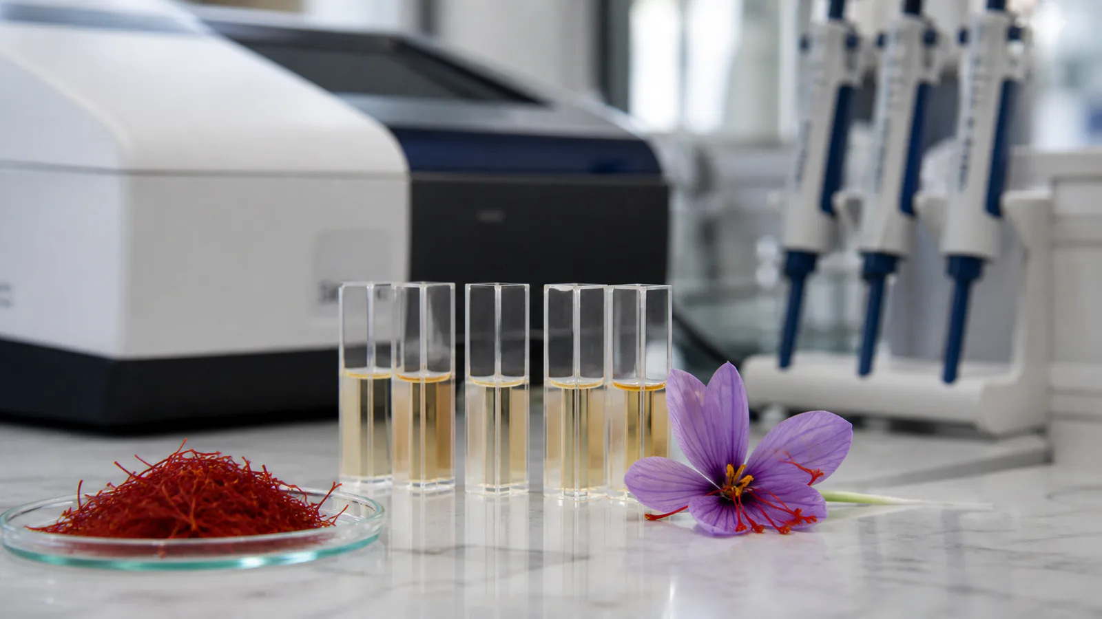 Safranal sunscreen formulation research with saffron and laboratory cuvettes