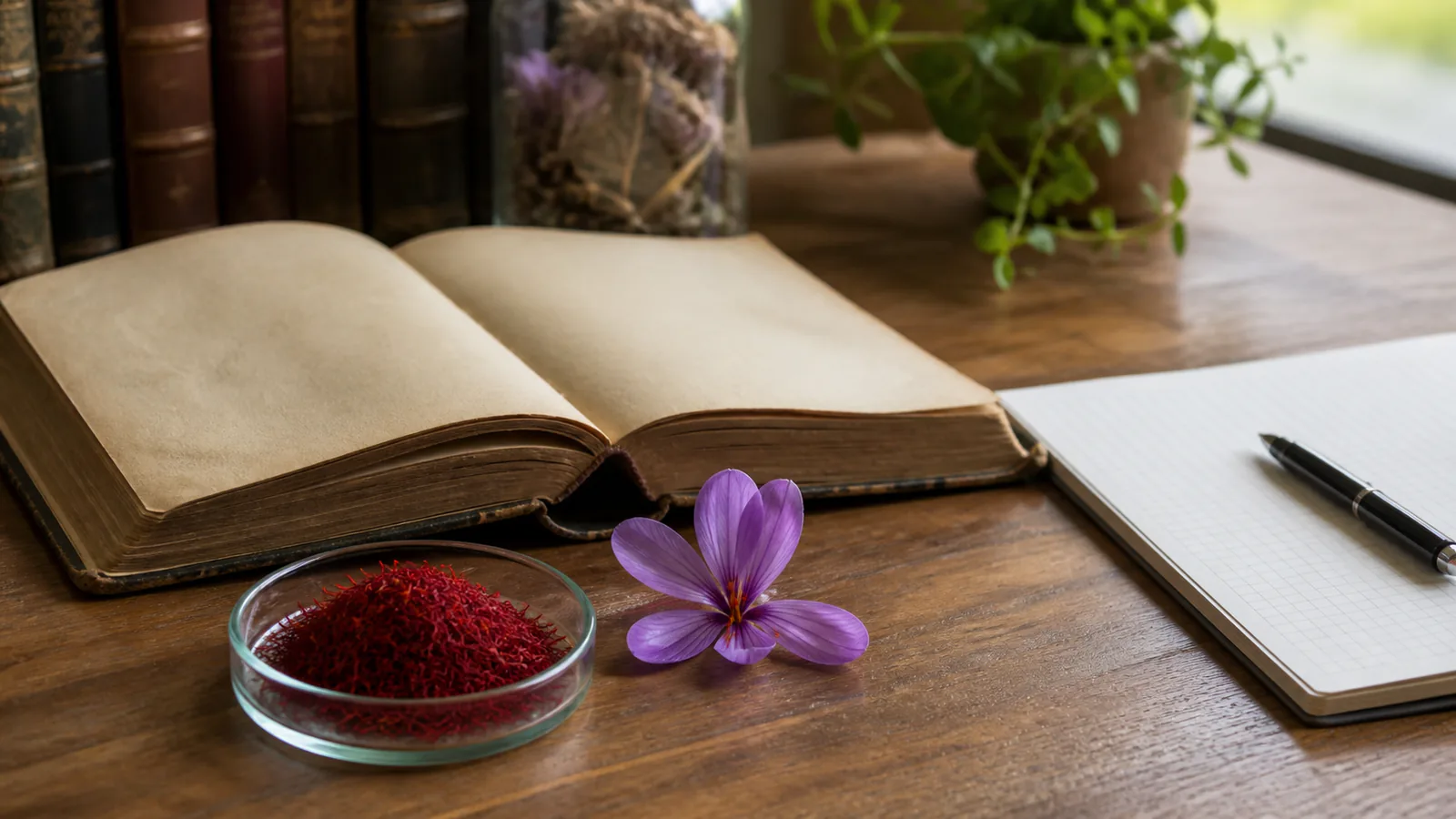 Iranian saffron threads beside an old book and modern research notes