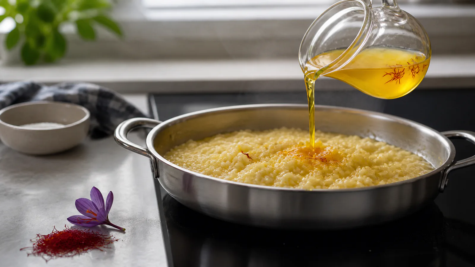 Golden saffron infusion being added near the end of cooking