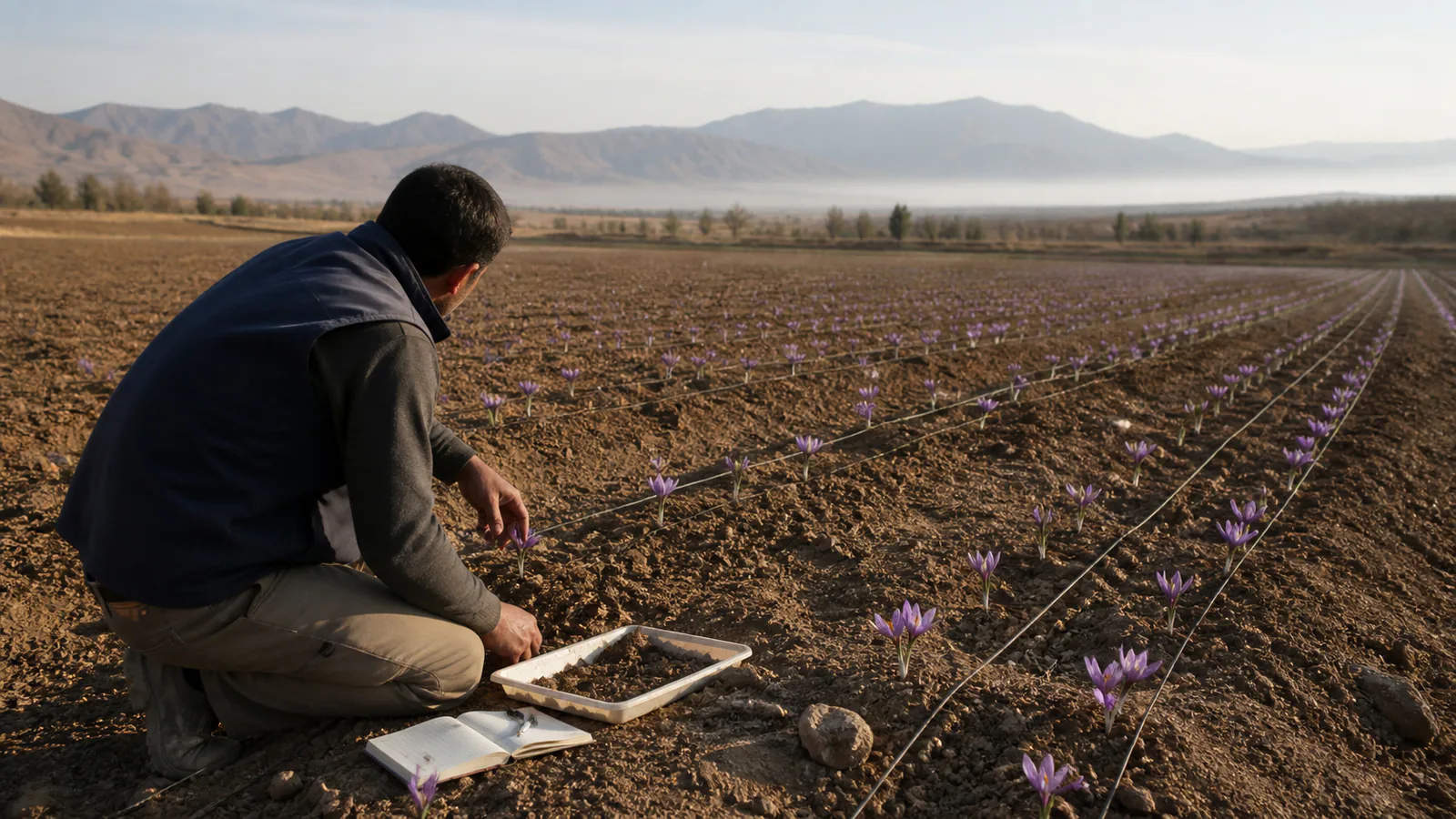 Farmer inspecting a young saffron field in Markazi Province
