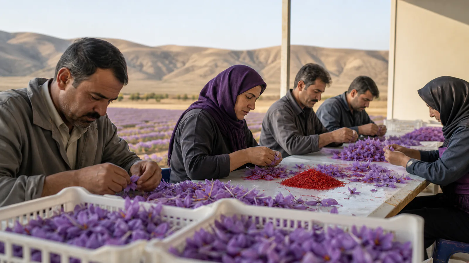 Saffron harvest and sorting in a major Iranian production region