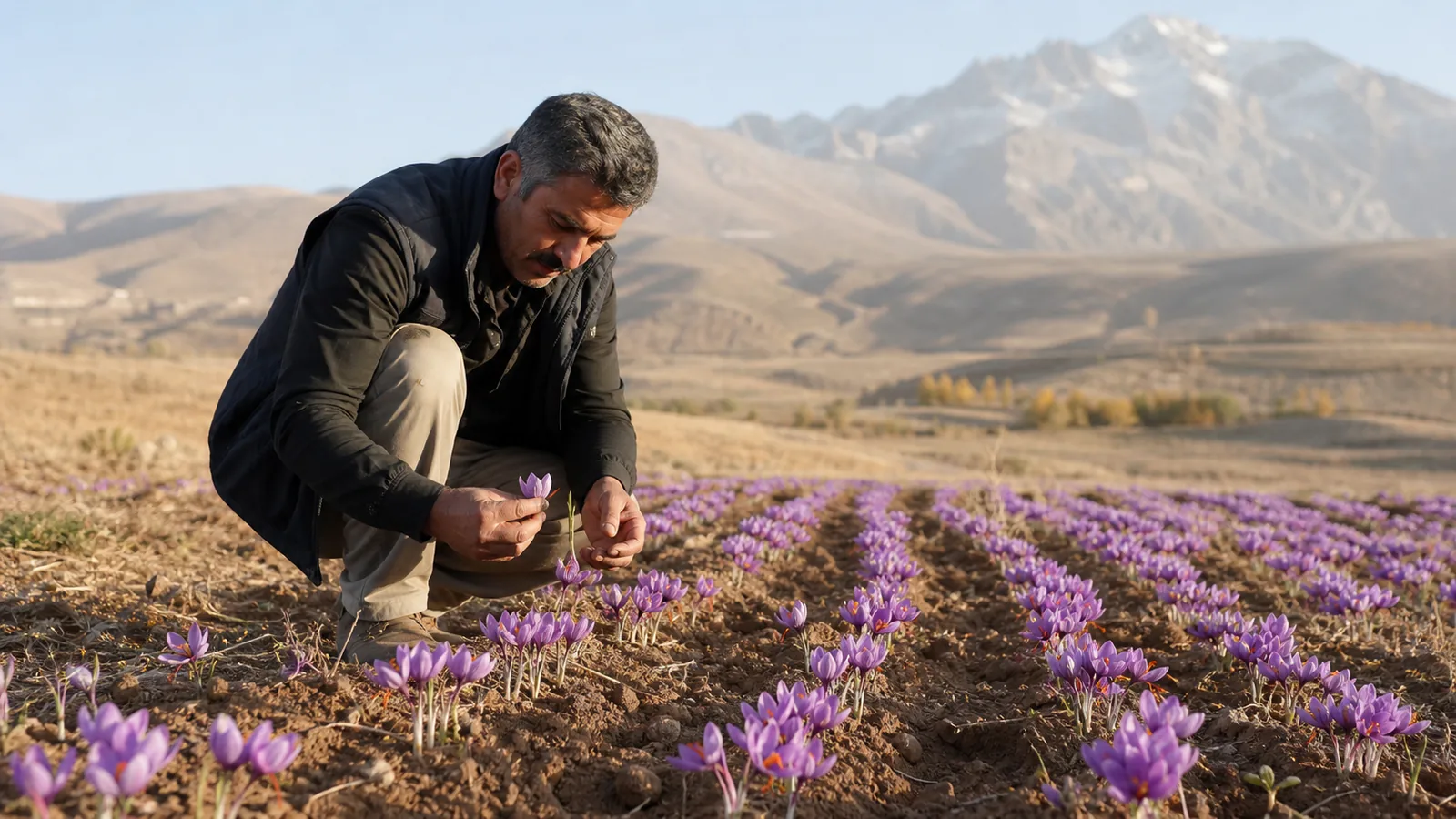 Saffron grower inspecting flowers on the lower slopes of Alvand