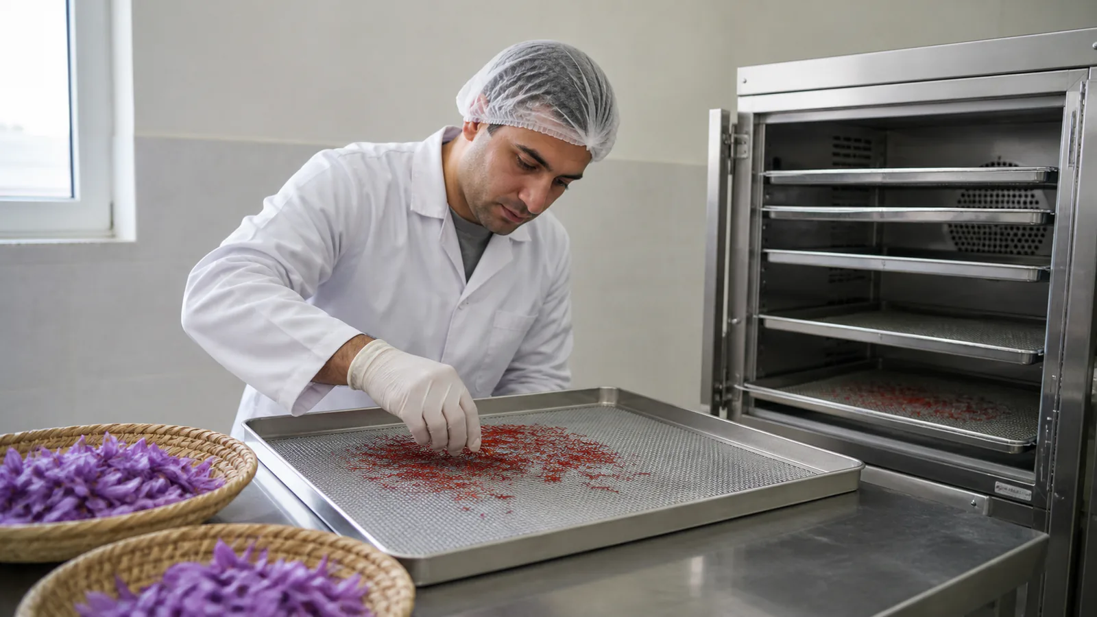 Fresh saffron stigmas entering a clean controlled drying process