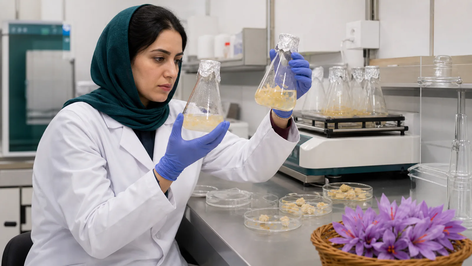 Researcher examining saffron plant cell cultures in a food science laboratory