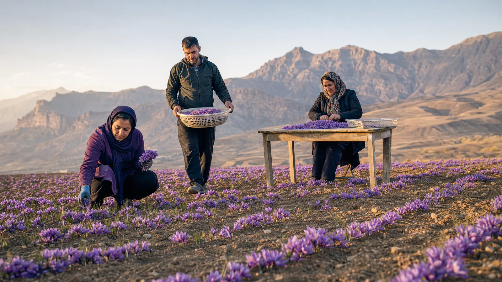 Saffron growers harvesting flowers in Chaharmahal and Bakhtiari highlands