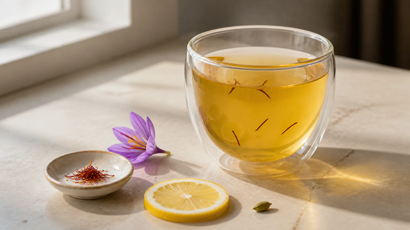 Modern glass cup of golden saffron tea with visible saffron threads