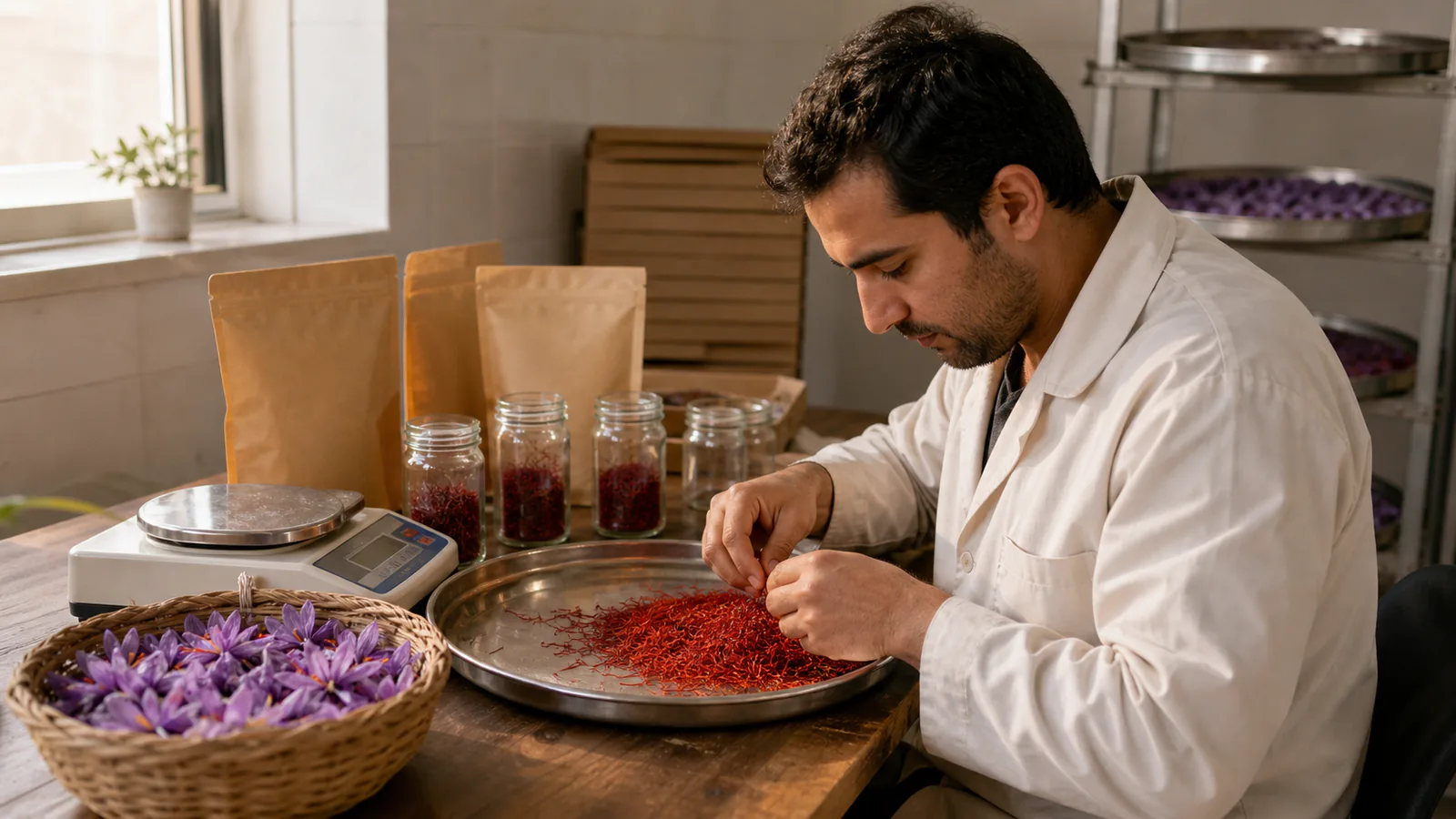 Saffron threads being sorted for quality and careful packaging