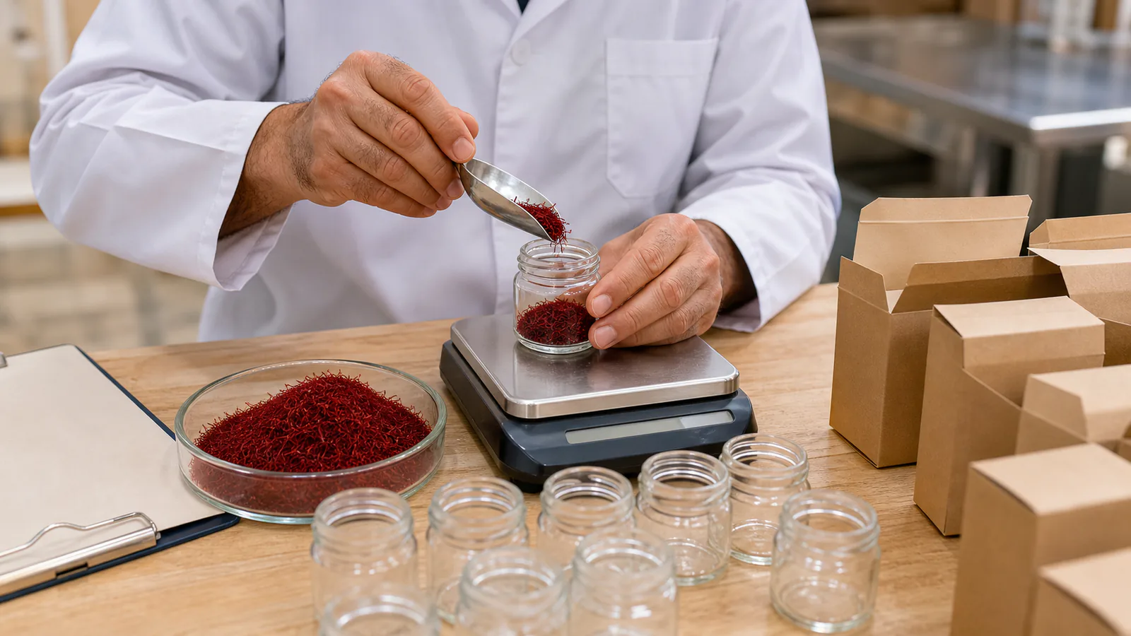 Dried saffron threads being weighed for protective packaging