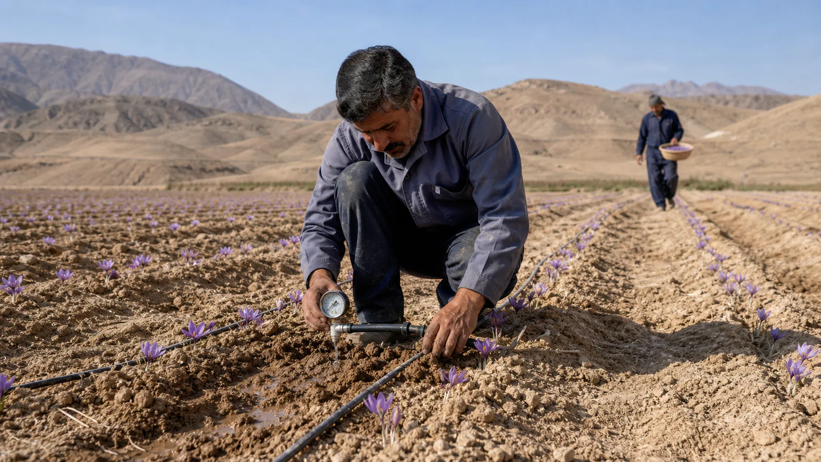 Saffron grower checking irrigation lines in a dry Natanz field