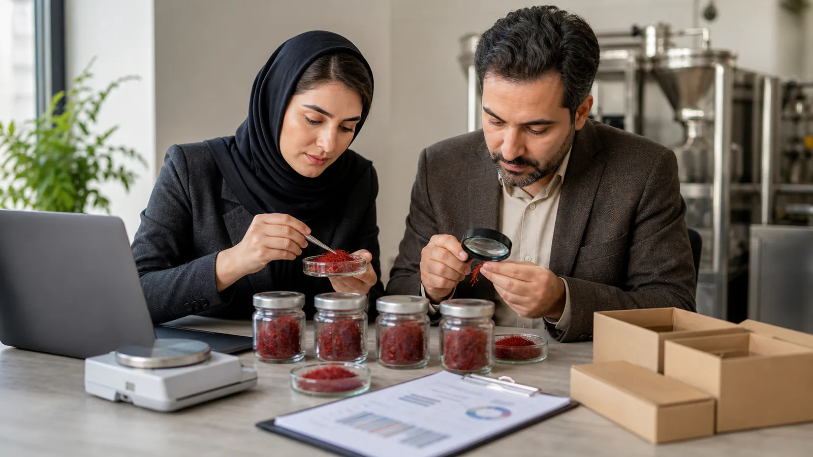 Saffron samples reviewed beside quality and export planning documents