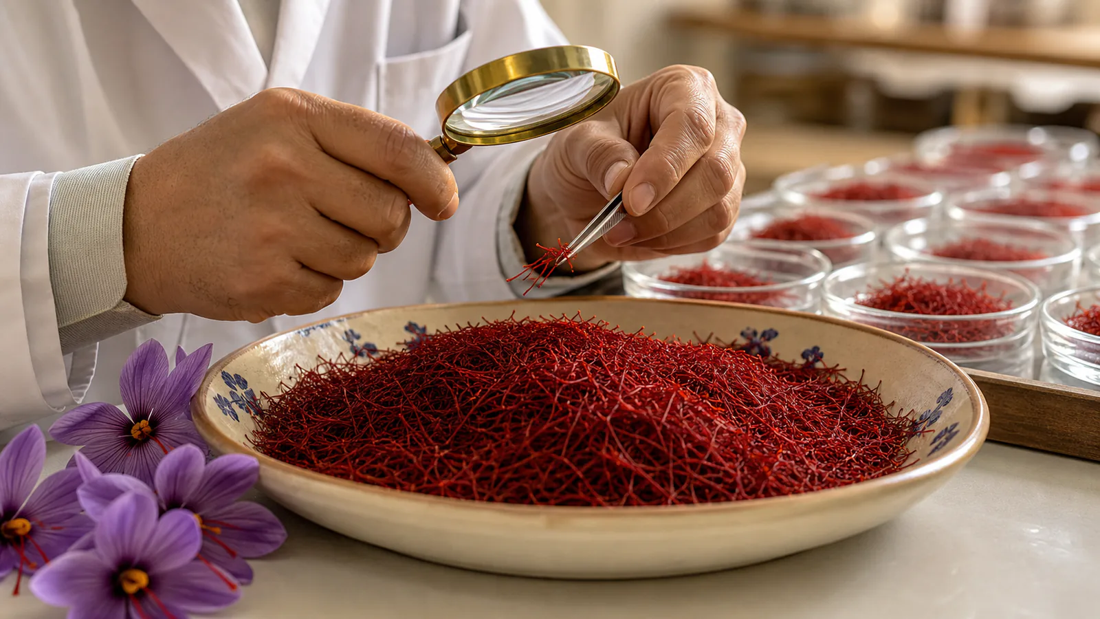 Iranian saffron threads and flowers prepared for quality inspection