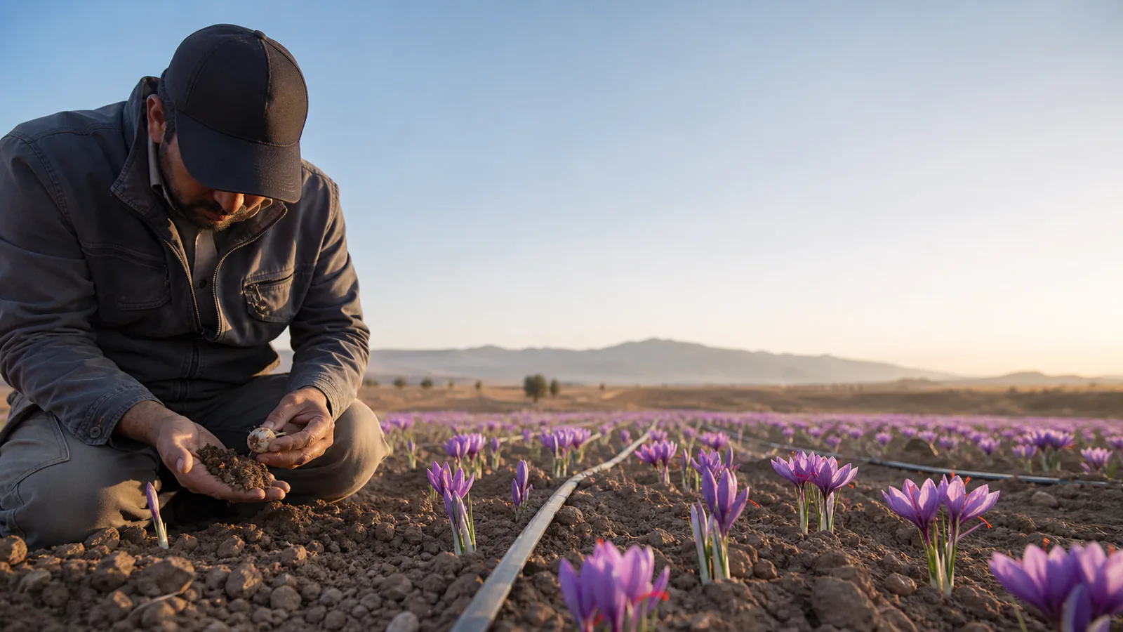 Agronomist assessing soil and saffron flowers in a field outside Khorasan