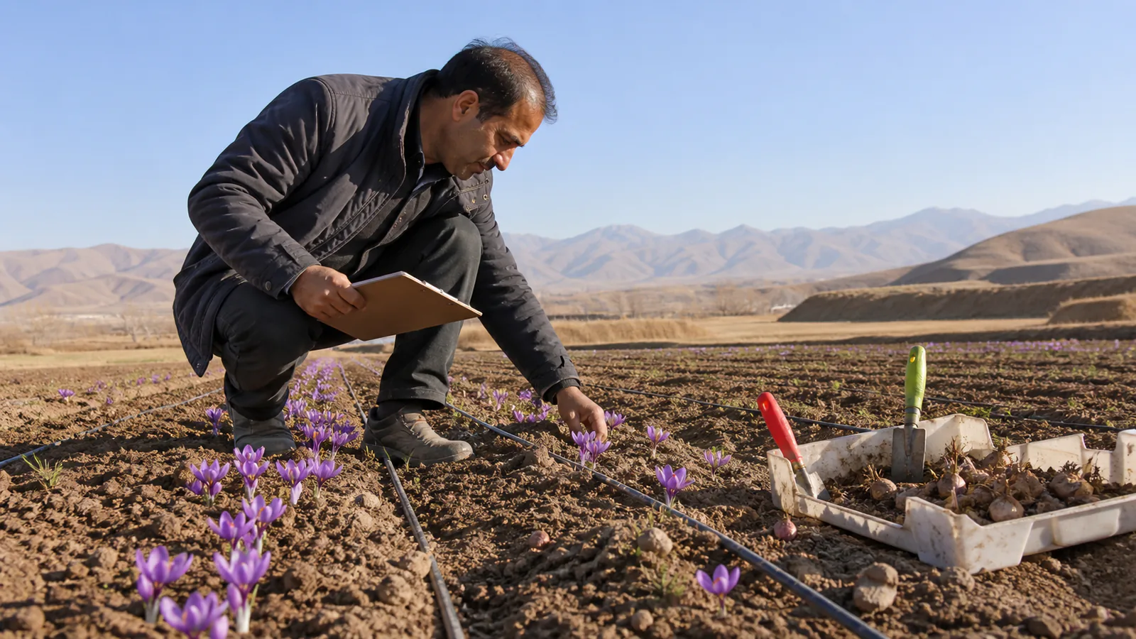 Saffron grower inspecting a modern field trial in Iran Central Province