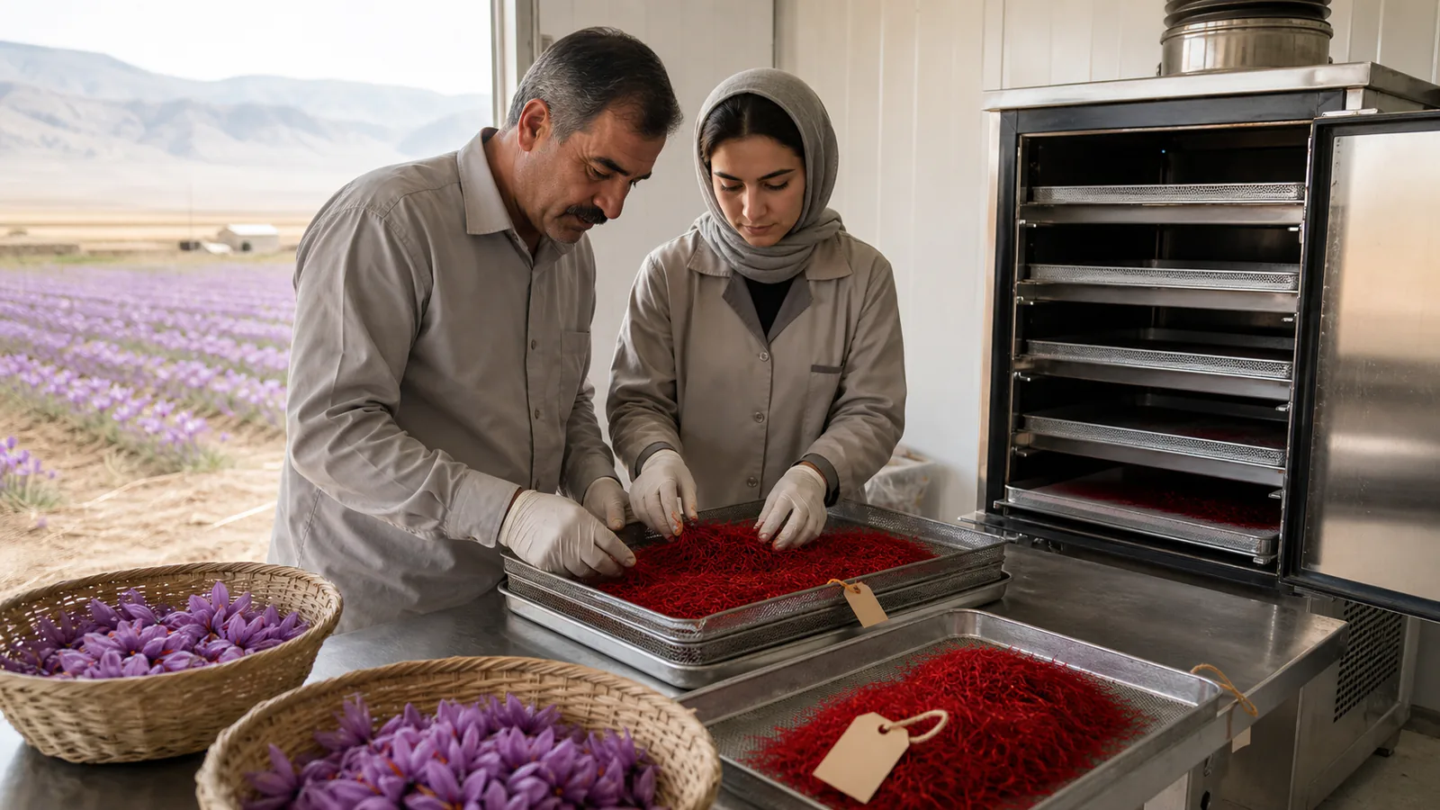 Iranian saffron farmer and technician reviewing hygienic drying and traceability