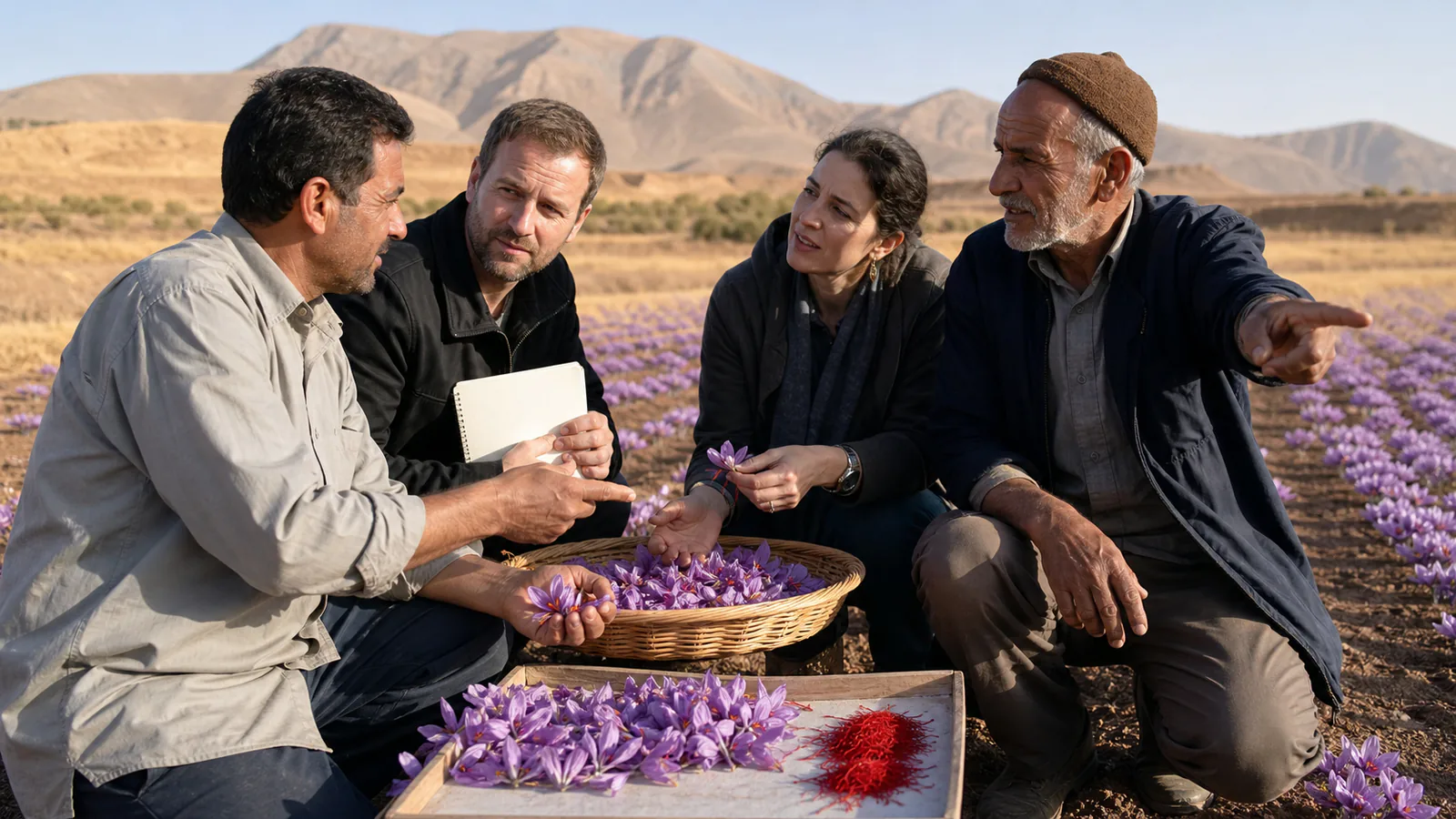 International visitors meeting saffron growers in a South Khorasan field