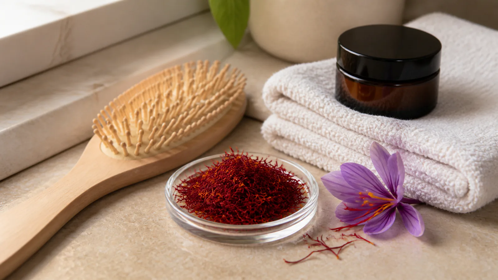 Saffron threads beside simple hair and skin care items