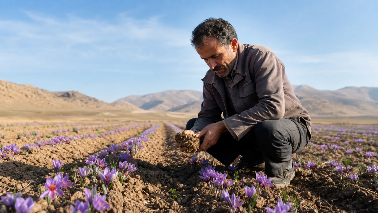 Farmer inspecting a saffron field in Ijrud, Zanjan Province
